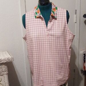 Draper James Land's End 2X Pink Gingham Sleeveless Top with Floral Collar